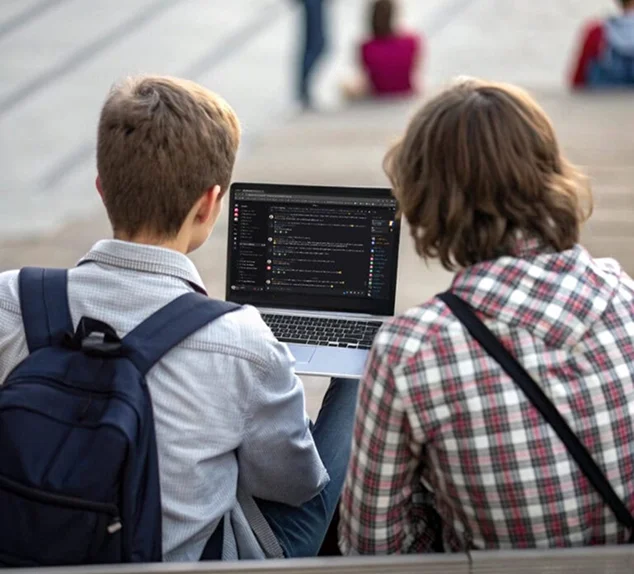 Zwei Jugendliche sitzen auf einer Treppe und sehen sich einen Laptopbildschirm mit Chat-Nachrichten an.