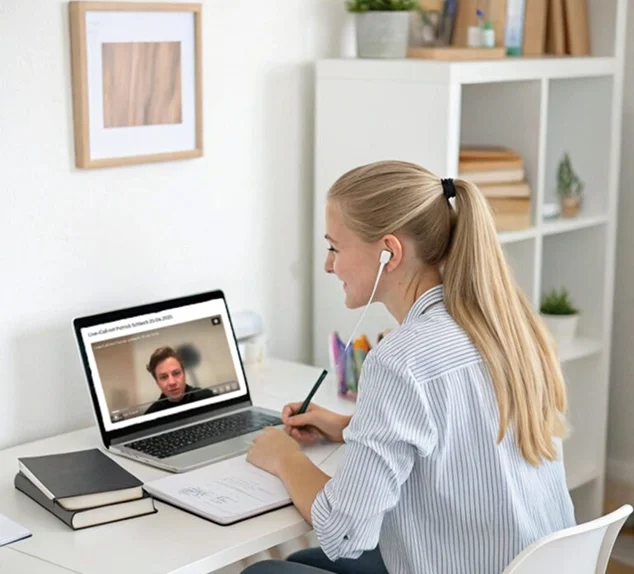 Frau mit Ohrhörern lernt an Schreibtisch und schreibt während eines Videoanrufs auf Laptop.