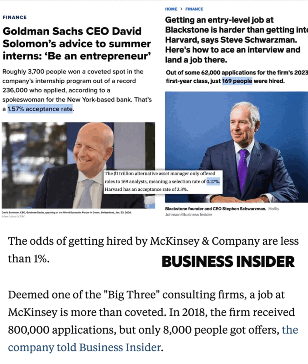 Comparison of low job acceptance rates at Goldman Sachs, Blackstone, and McKinsey with CEO photos.
