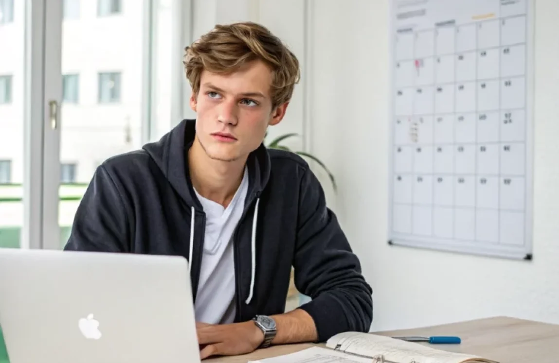 Junger Mann sitzt vor einem Laptop, schaut nachdenklich, mit offenem Buch und Stift auf dem Tisch.