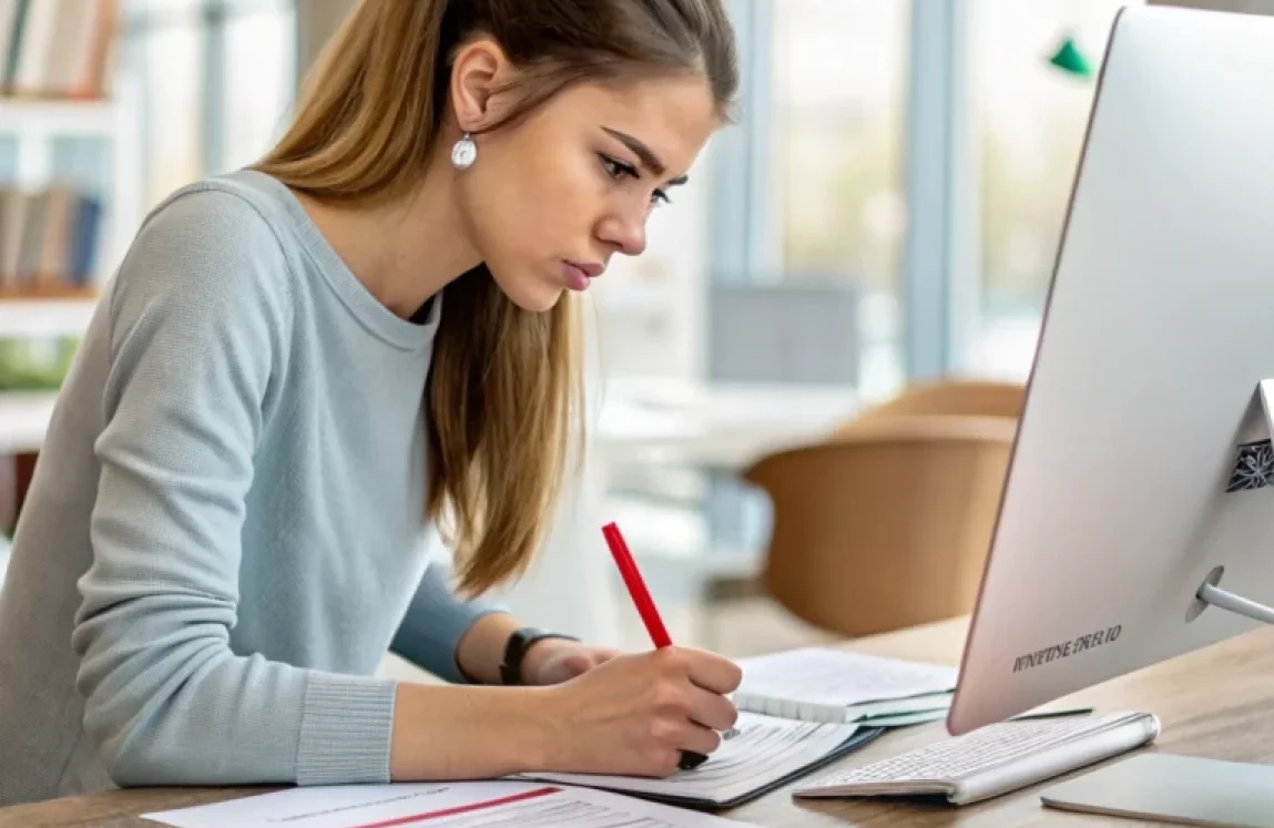 Junge Frau in grauem Pullover arbeitet konzentriert mit rotem Stift am Schreibtisch vor Computer.