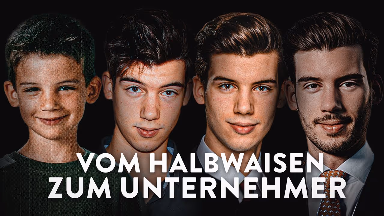 Porträts von vier Männern in verschiedenen Lebensaltern vor schwarzem Hintergrund mit Text darüber.