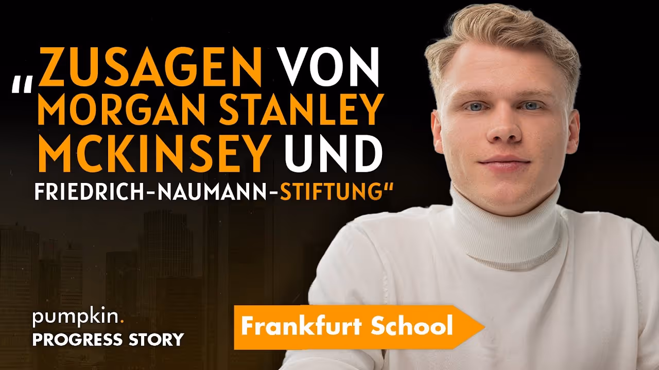 Porträt eines jungen Mannes neben Text über Zusagen von Morgan Stanley, McKinsey und Friedrich-Naumann-Stiftung.