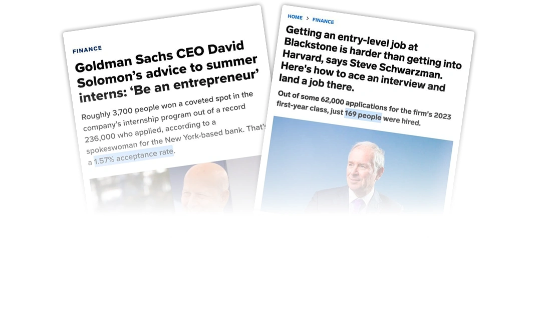 Zwei Finanzartikel: Goldman Sachs CEO gibt Sommerpraktikum-Rat, Blackstone-Einstieg schwerer als Harvard.