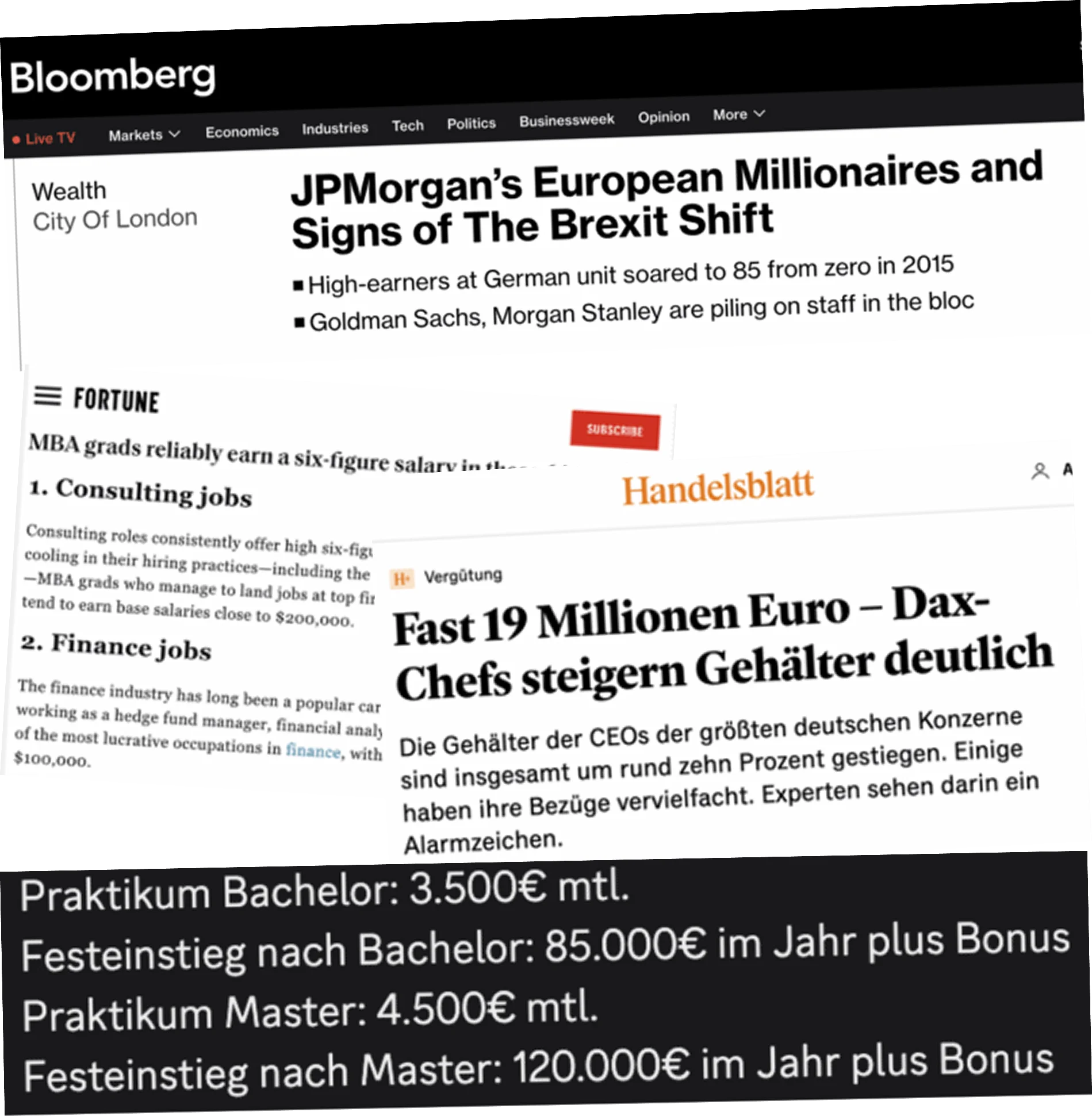 Collage von Finanznachrichten über Millionäre, Gehälter, Berufe im Consulting und Praktikumsgehälter in Euro.
