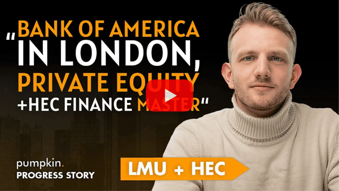 Mann in Rollkragenpullover neben Text über Bank of America, Private Equity in London, LMU und HEC.