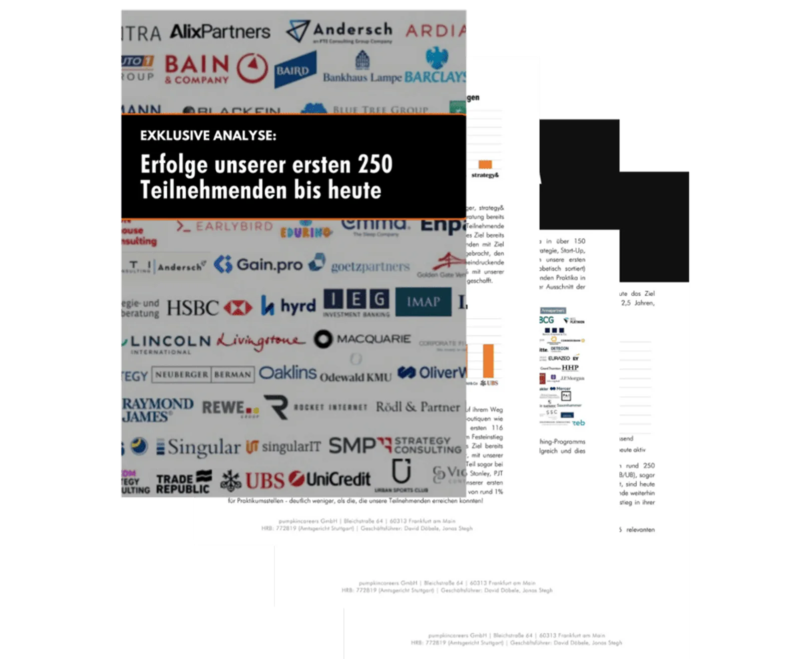 Erfolge der ersten 250 Teilnehmenden mit Logos von Unternehmen wie Bain, HSBC, UBS, UniCredit und mehr.