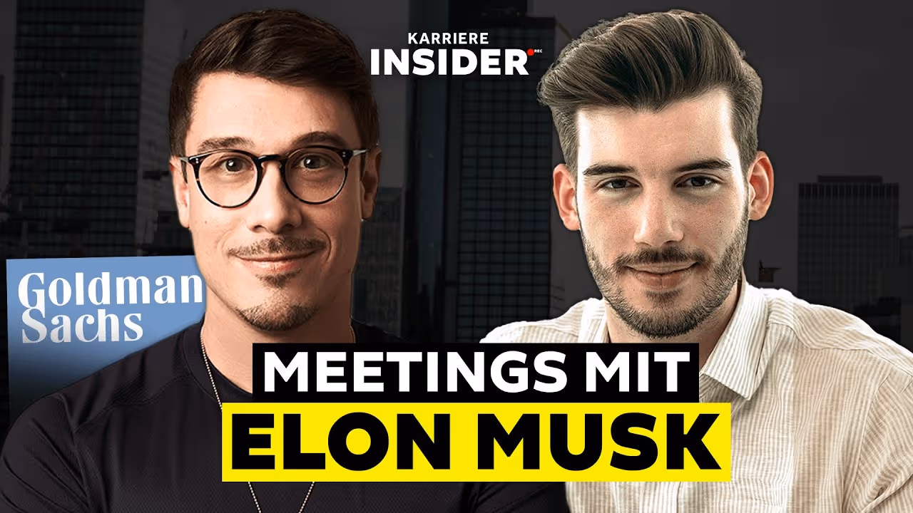 Zwei Männer vor dunklem Stadtbild mit Text über Meetings mit Elon Musk und Goldman Sachs Logo.