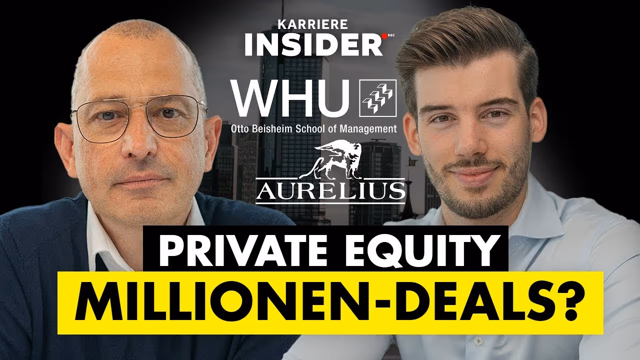 Porträts zweier Männer vor Hochhauskulisse mit Text über Private Equity und Millionen-Deals.