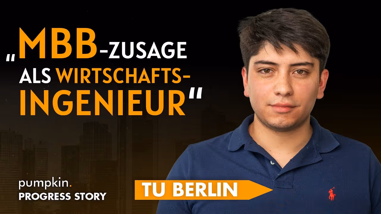 "MBB-Zusage als Wirtschaftsingenieur" mit Porträt eines Mannes und Text TU Berlin