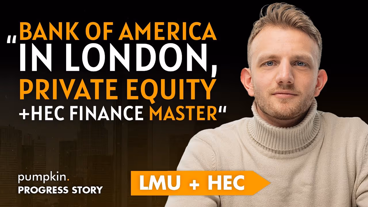 Mann in hellem Rollkragenpullover mit Text: Bank of America London, Private Equity, HEC Finance Master, LMU + HEC