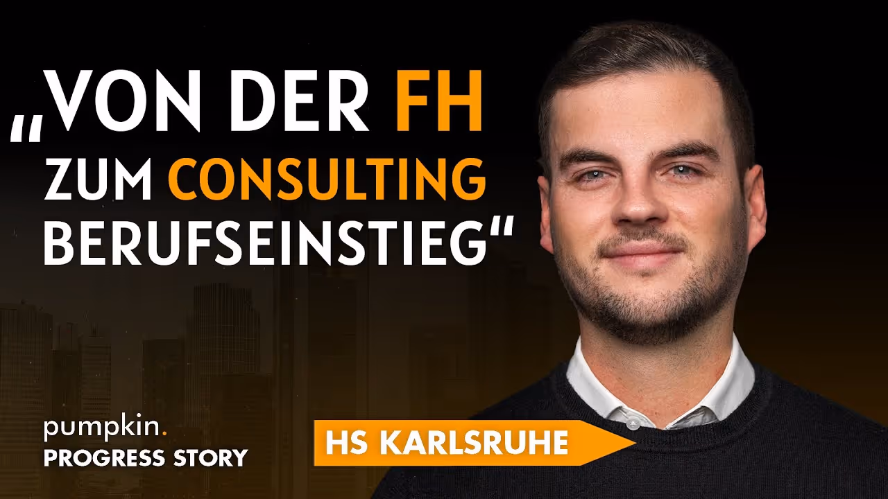 Porträt eines Mannes neben Text zu Berufseinstieg vom FH-Studium zum Consulting, HS Karlsruhe.