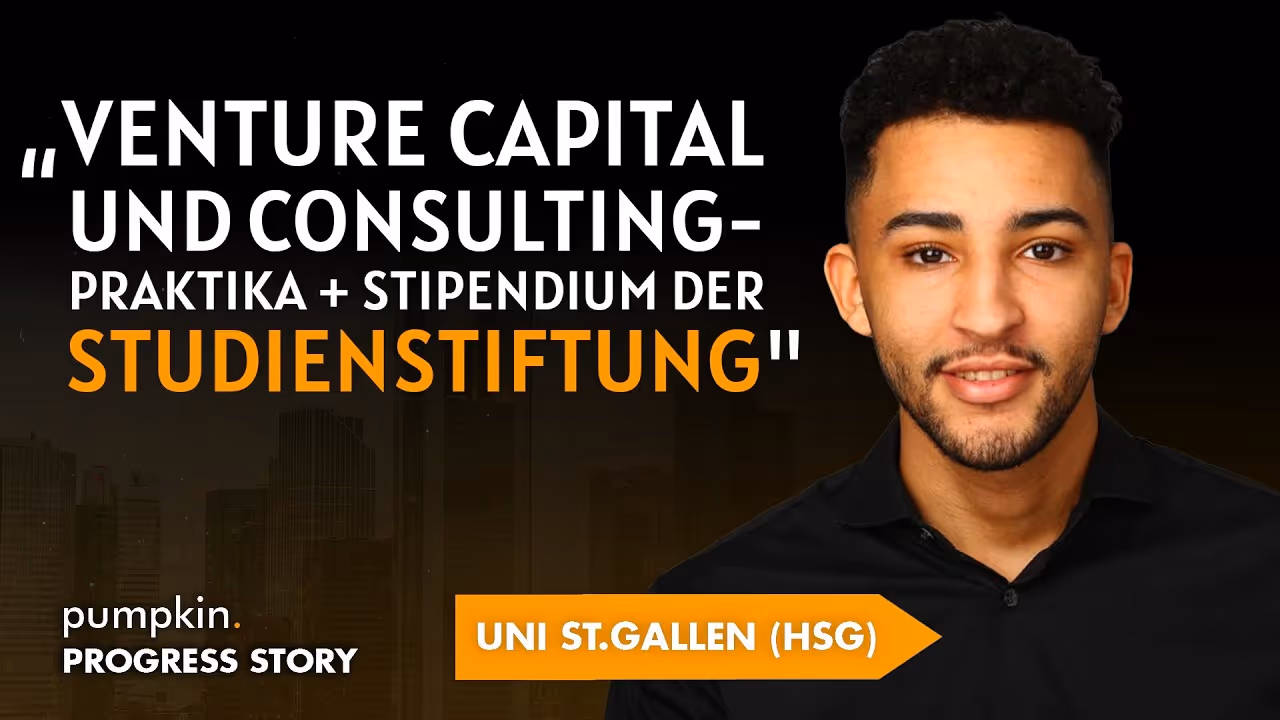 Porträt eines jungen Mannes neben Text über Venture Capital und Consulting-Praktika mit Stipendium.