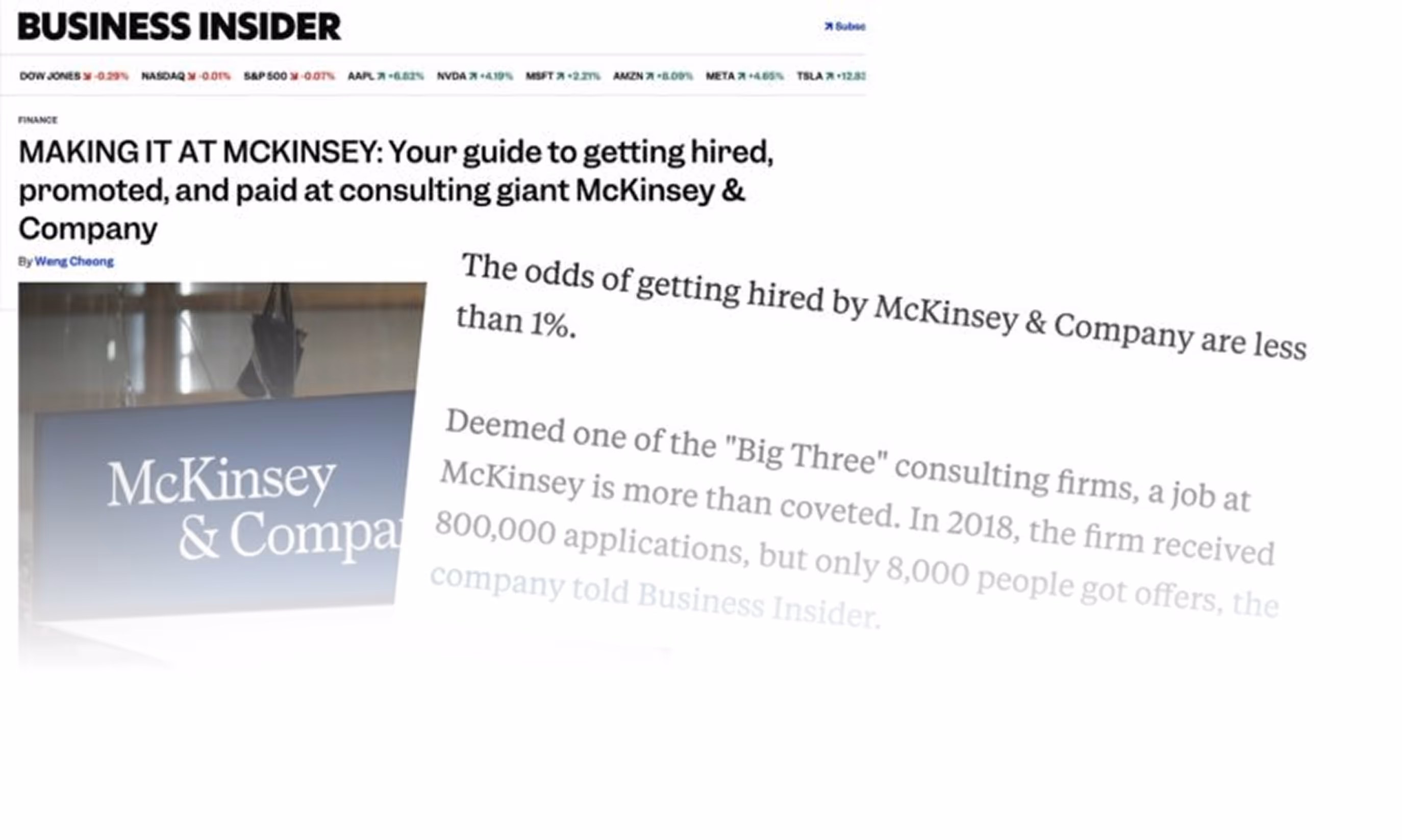 Business Insider article headline about McKinsey hiring odds and consulting job competitiveness.