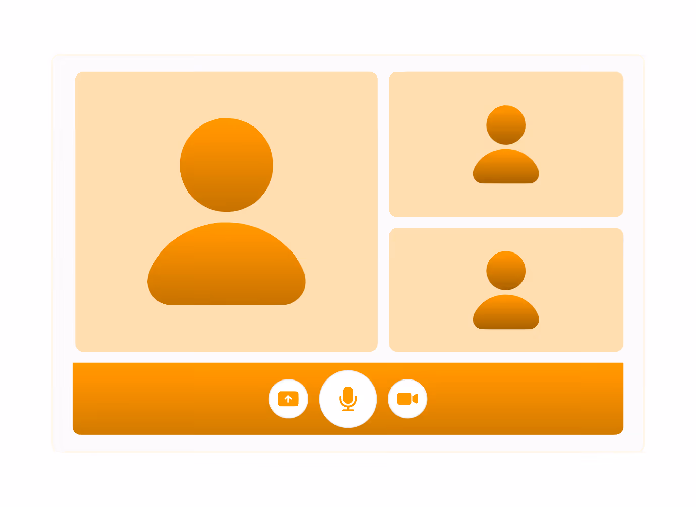 Benutzer-Symbolkarten für Videokonferenz mit Mikrofon, Kamera und Bildschirmfreigabe unten.