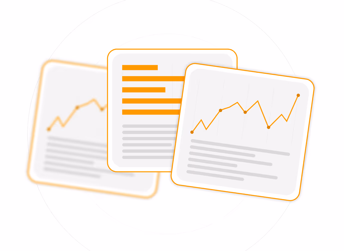 Drei orange umrandete Karten mit Diagrammen und Text, eine zeigt einen ansteigenden Liniendiagramm.