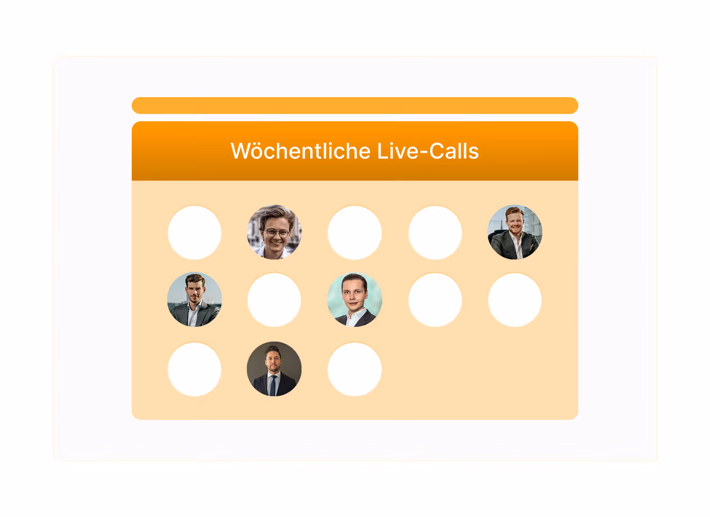 Kalender mit Profilbildern für wöchentliche Live-Calls, einige Tage sind noch frei.