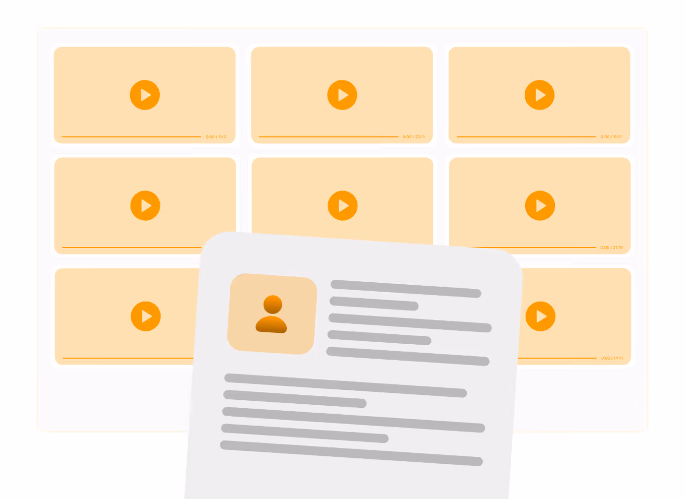 Neun orangefarbene Video-Player-Symbole in einem Raster, davor eine Profilkarte mit Textzeilen.