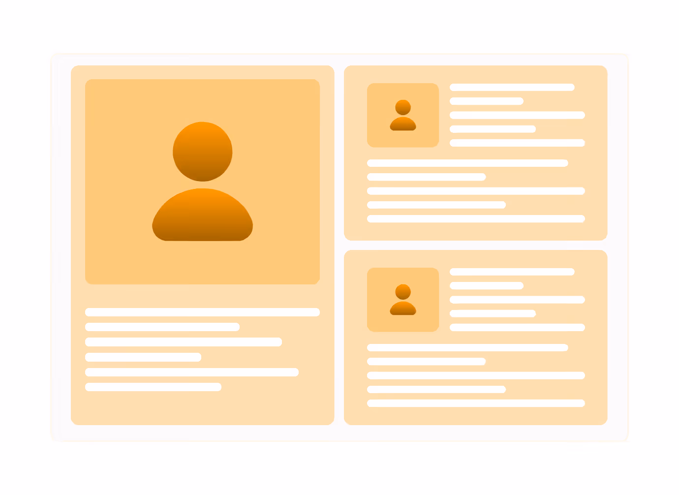 Drei orangefarbene Benutzerprofilkarten mit Symbolen und Text auf hellem Hintergrund.