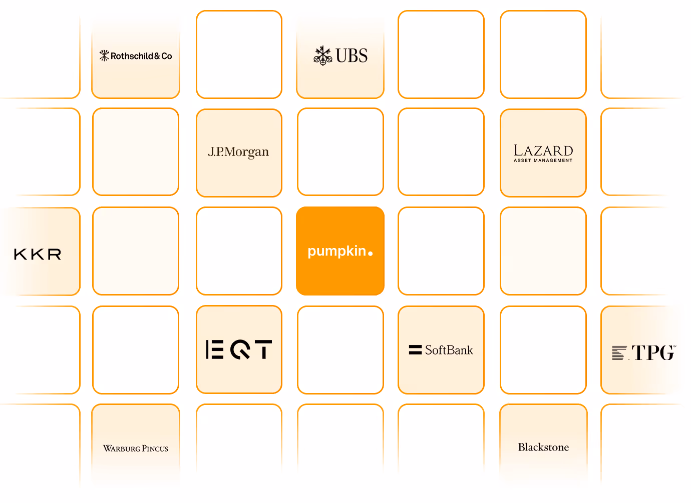 Grid of financial firm logos with pumpkin logo highlighted in orange center.