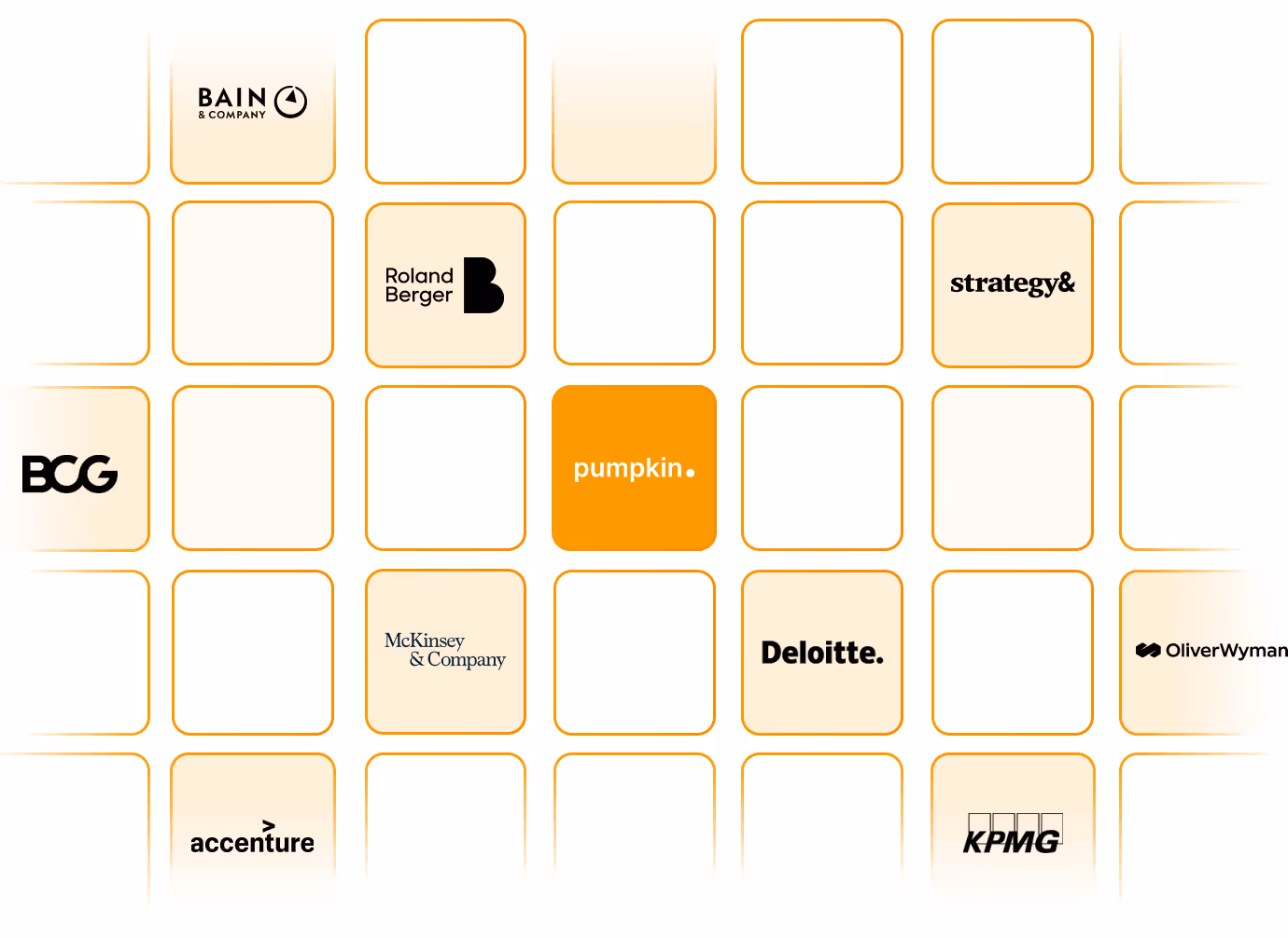 Grid of consulting firm logos including Bain, BCG, McKinsey, Deloitte, KPMG, and pumpkin in center square.
