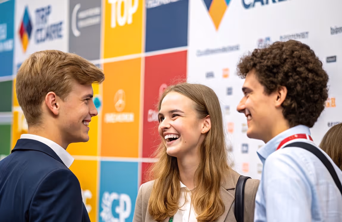 Drei junge Erwachsene lachen und unterhalten sich vor einer Wand mit farbigen Informationsanzeigen.