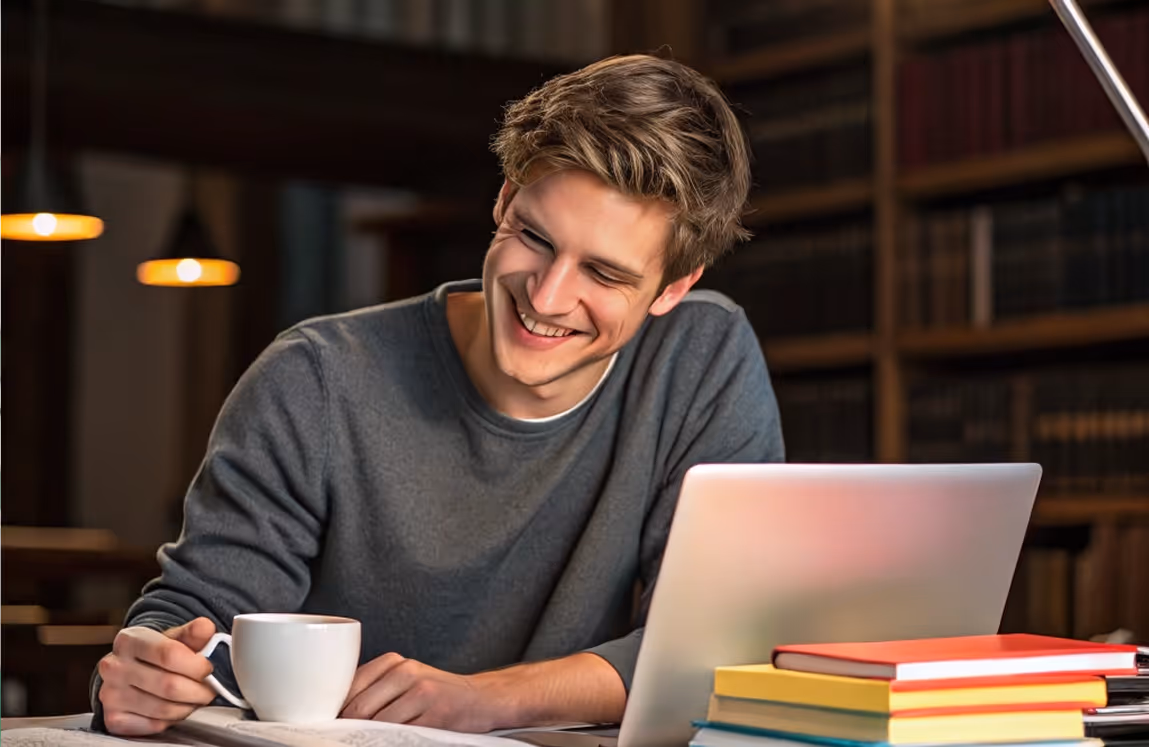 Lächelnder junger Mann sitzt mit Tasse Kaffee und Laptop an einem Tisch mit Büchern.