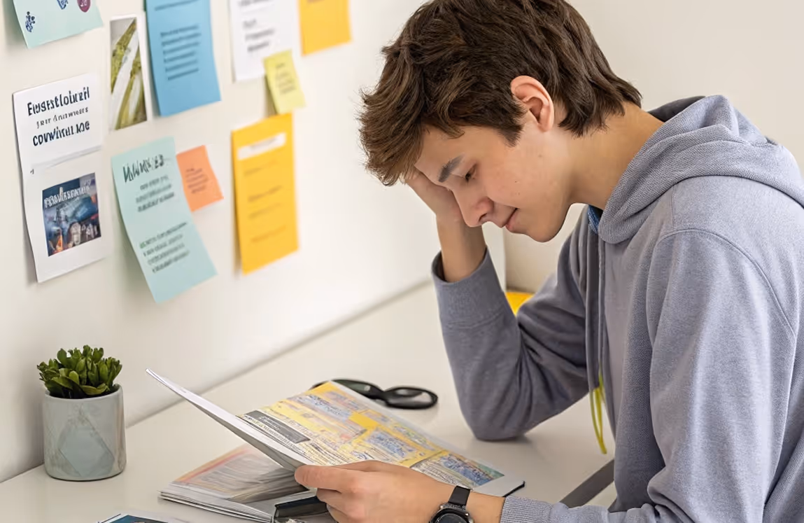 Junger Mann sitzt am Tisch, liest aufmerksam ein Heft, an der Wand bunte Notizzettel.