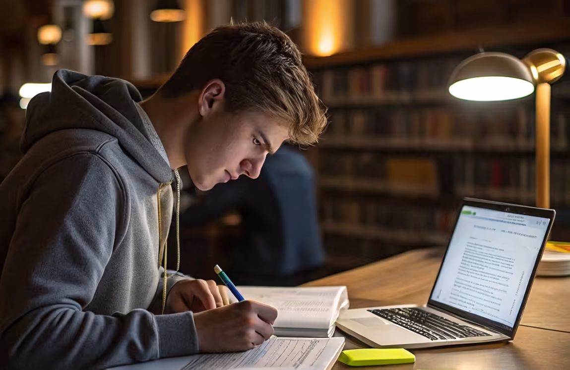 Junger Mann in Kapuzenpulli konzentriert beim Schreiben mit Laptop und Büchern in Bibliothek.