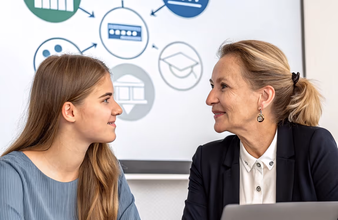 Junge und ältere Frau führen ein Gespräch vor einem Whiteboard mit Bildungssymbolen.