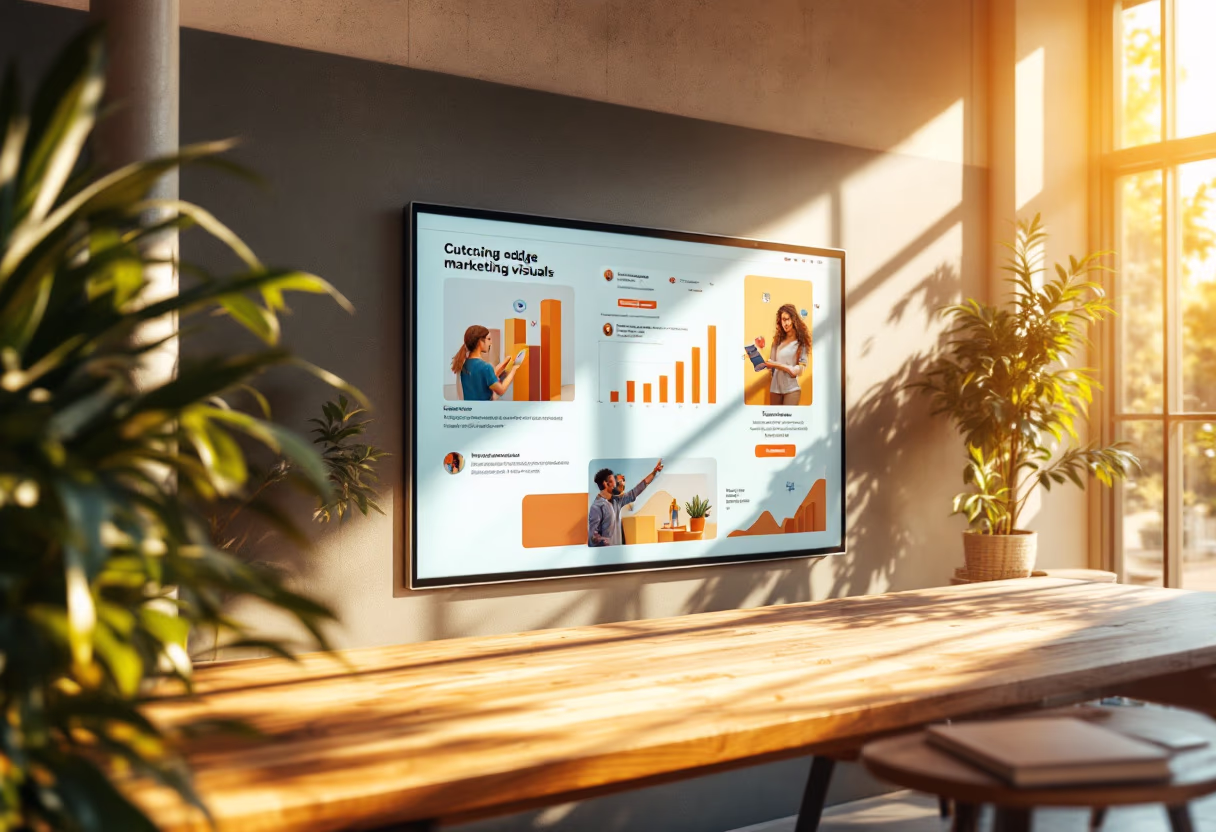 [background image] image of a digital display screen with marketing visuals for an ai marketing tech company