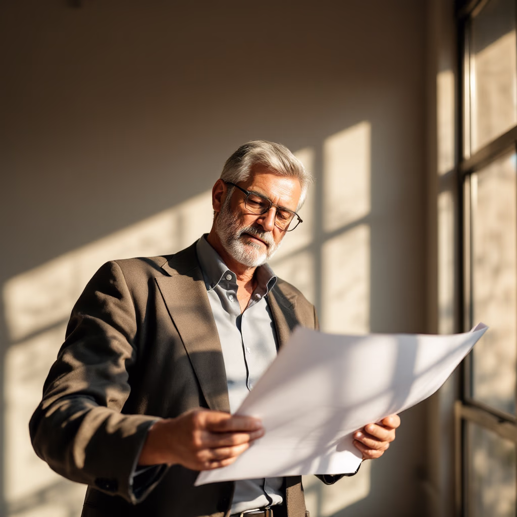 [headshot] image of an architect reviewing blueprints