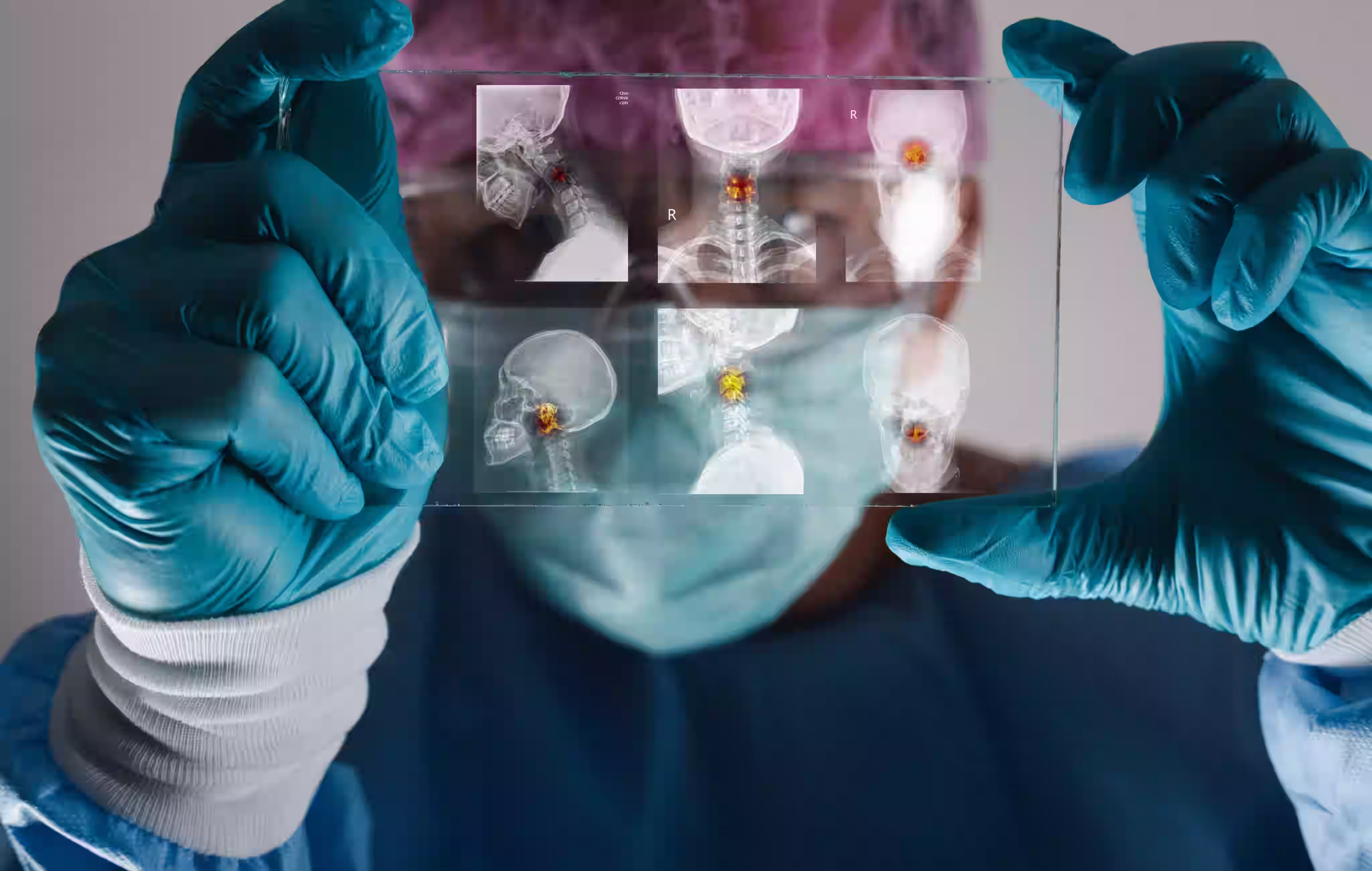 Medical professional wearing gloves and mask holding a transparent sheet showing X-ray images of a human neck with highlighted spinal areas.