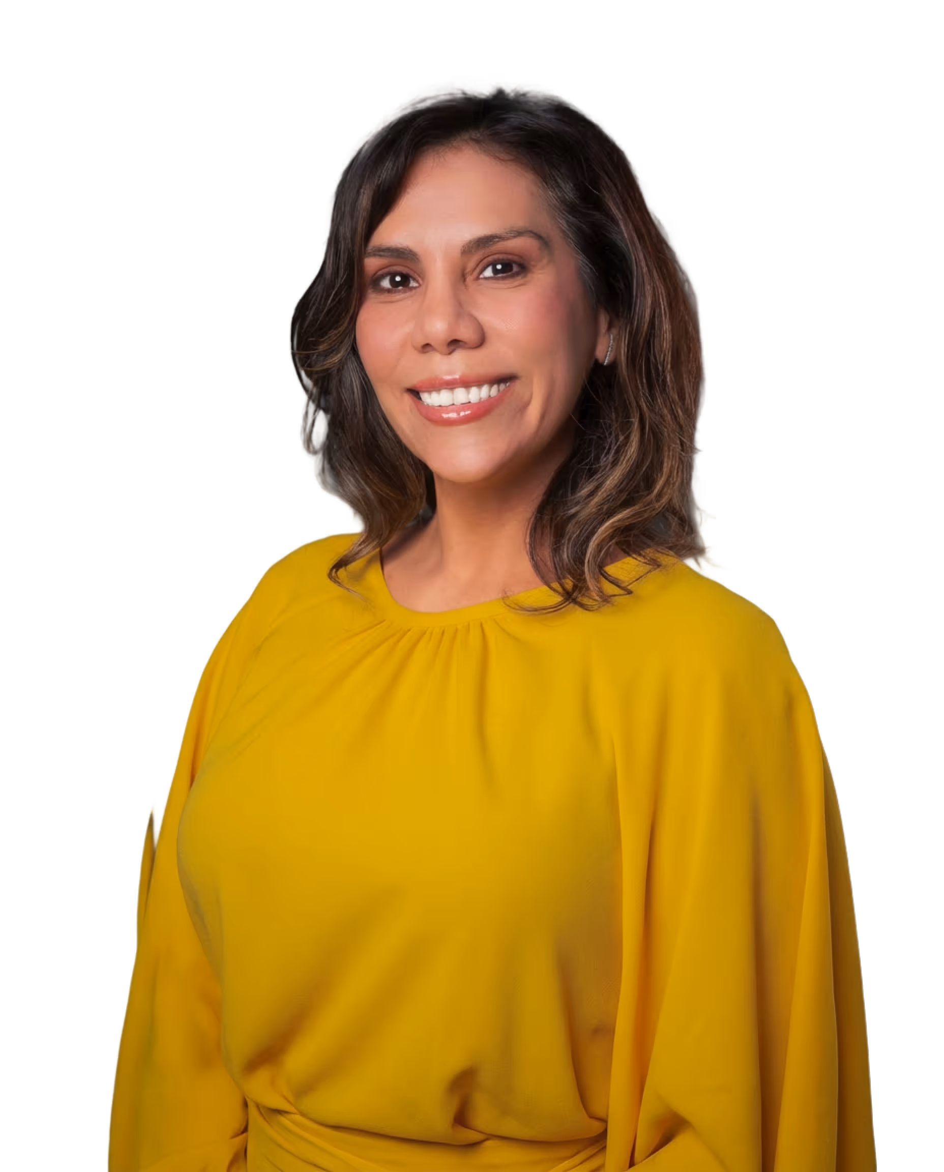 Smiling woman with shoulder-length dark hair wearing a bright yellow blouse.