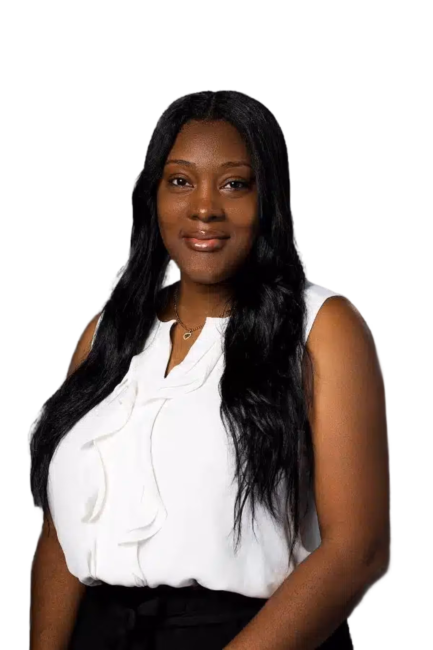 Smiling woman with long black hair wearing a white sleeveless blouse and a small necklace against a black background.