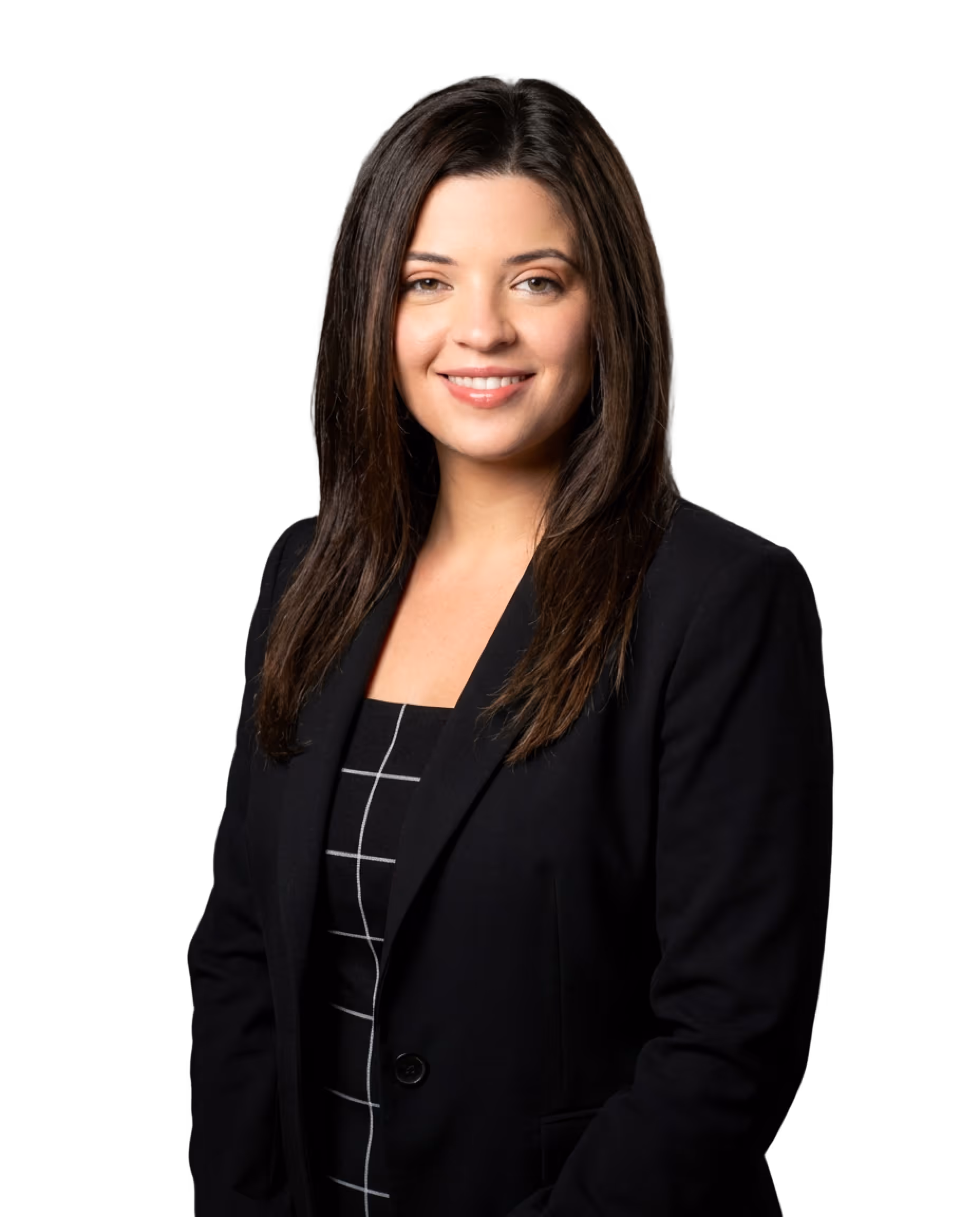 Smiling woman with long brown hair wearing a black blazer and a black dress with white grid lines on a black background.
