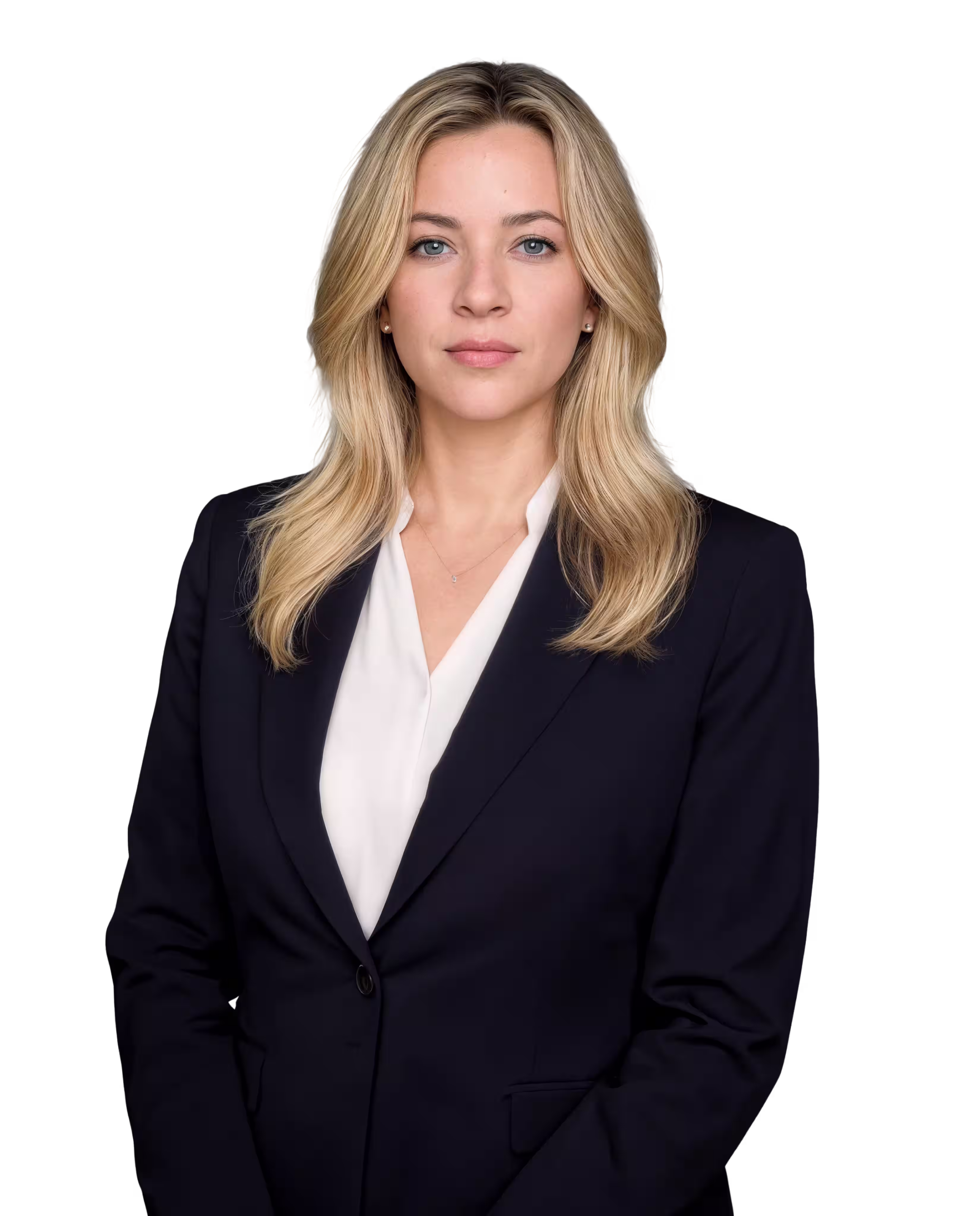 Professional woman with blonde hair wearing a black blazer and white blouse against a black background.