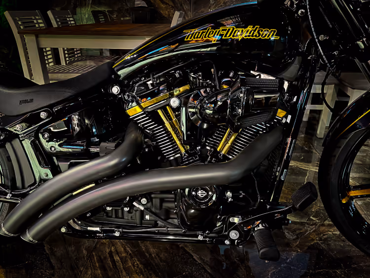 Close-up of a black Harley-Davidson motorcycle engine with matte black exhaust pipes.