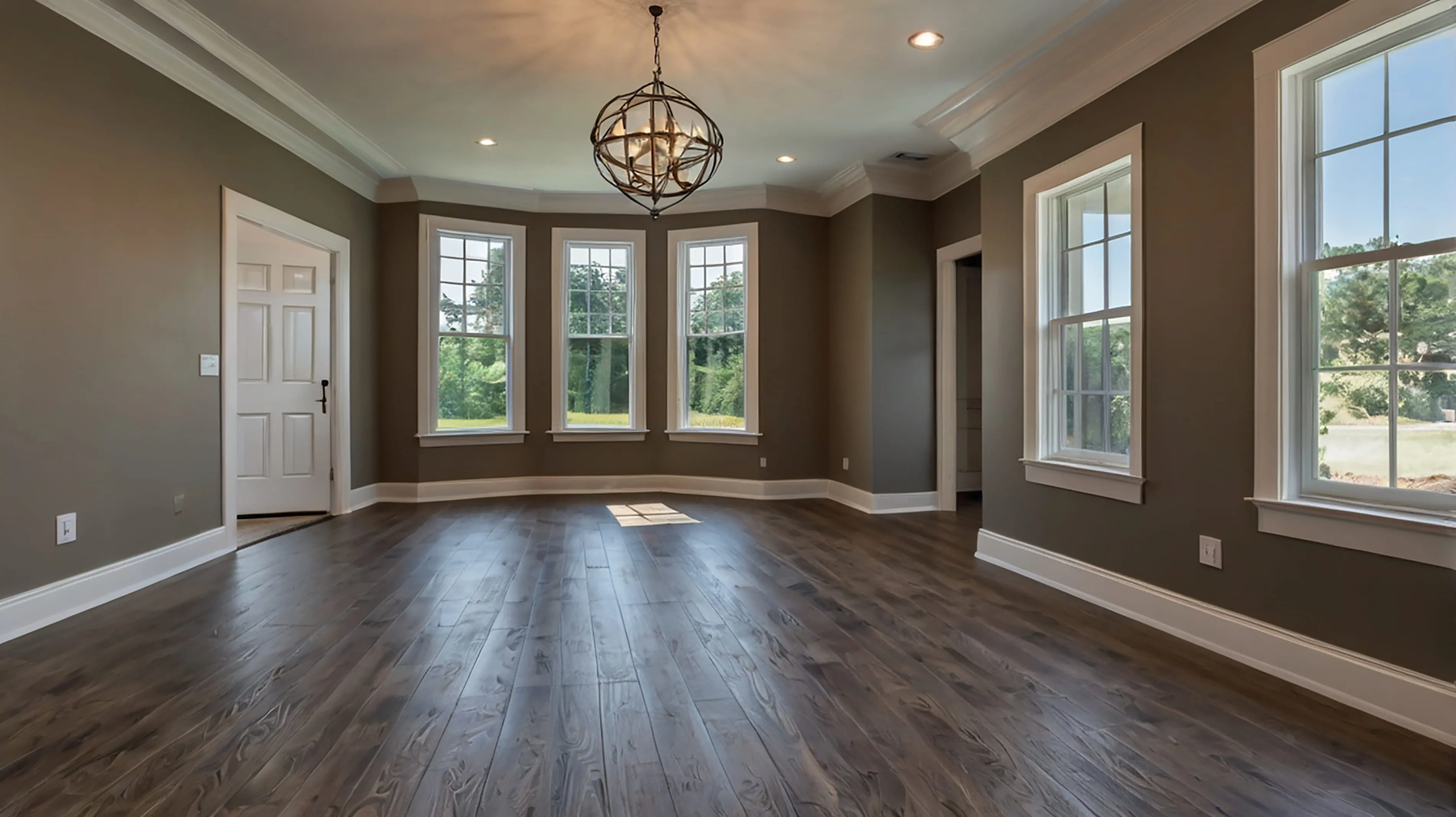 Luxury vacant living room interior with dark hardwood floors, large bay windows with natural light, neutral wall tones, white trim, and modern chandelier lighting — vacant home staging opportunity for luxury real estate listing in Atlanta GA.