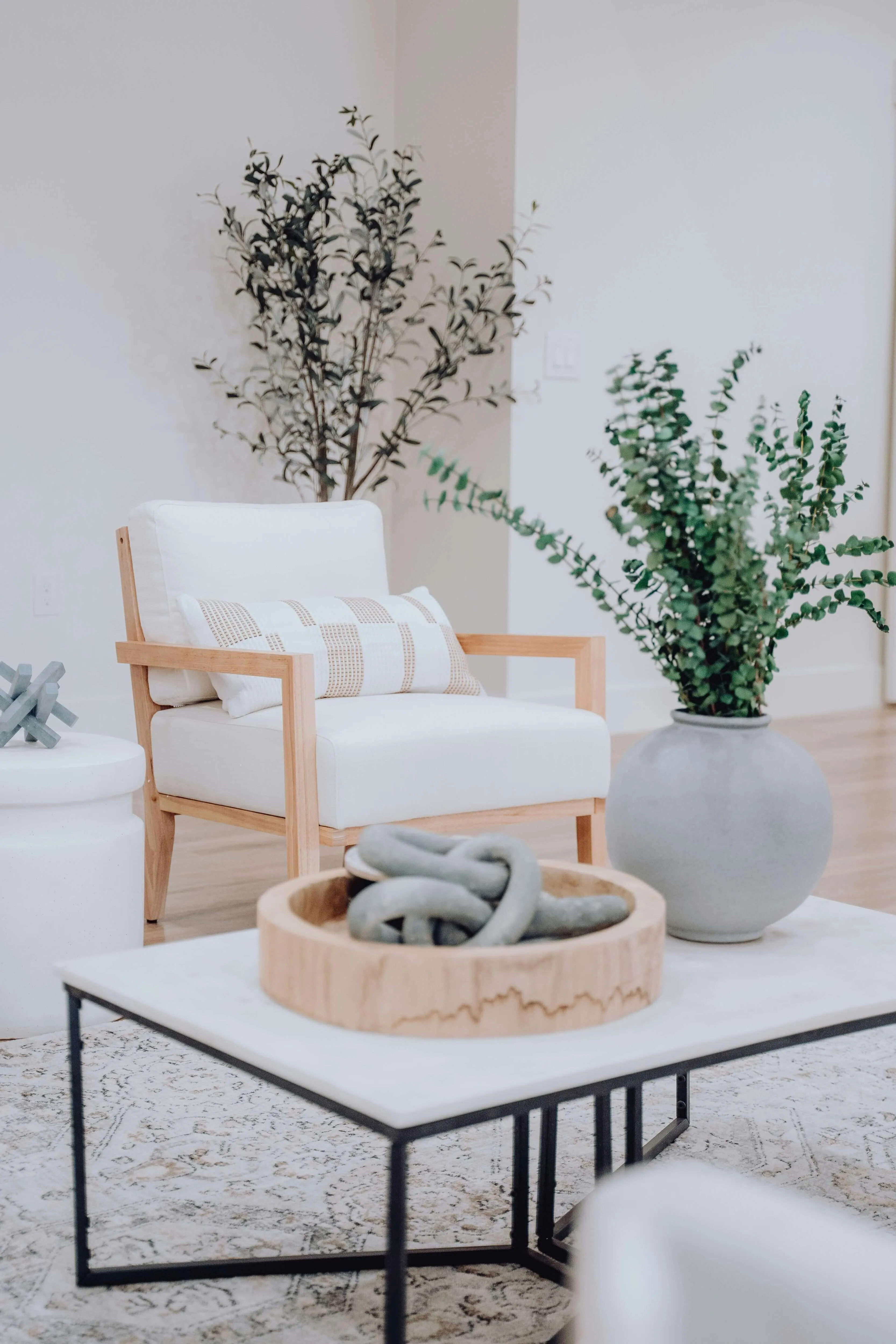 Modern living room with a white armchair with wooden frame, a marble-top coffee table with a decorative wooden bowl, and green plants in the background.