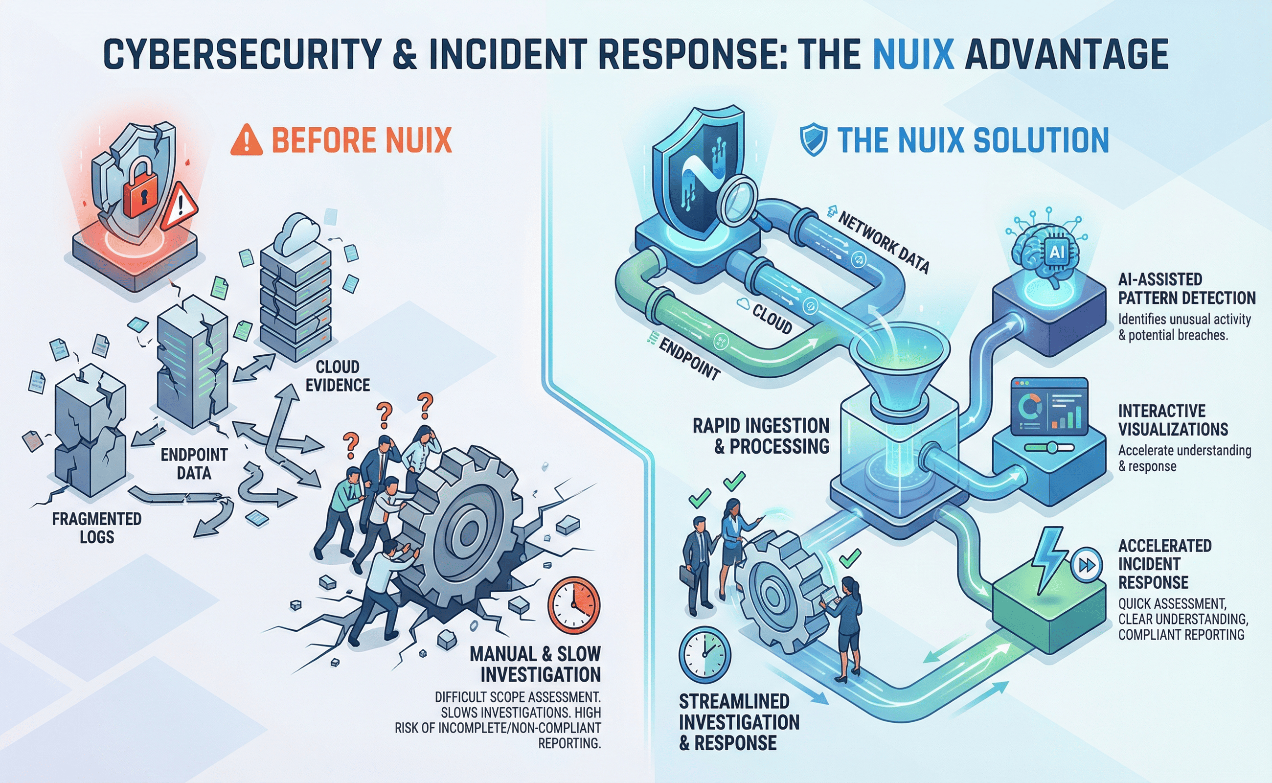 Infographic comparing cybersecurity incident response before and after implementing the Nuix solution, showing manual slow investigation with fragmented data on the left and streamlined, AI-assisted rapid ingestion, processing, and response with interactive visualizations on the right.