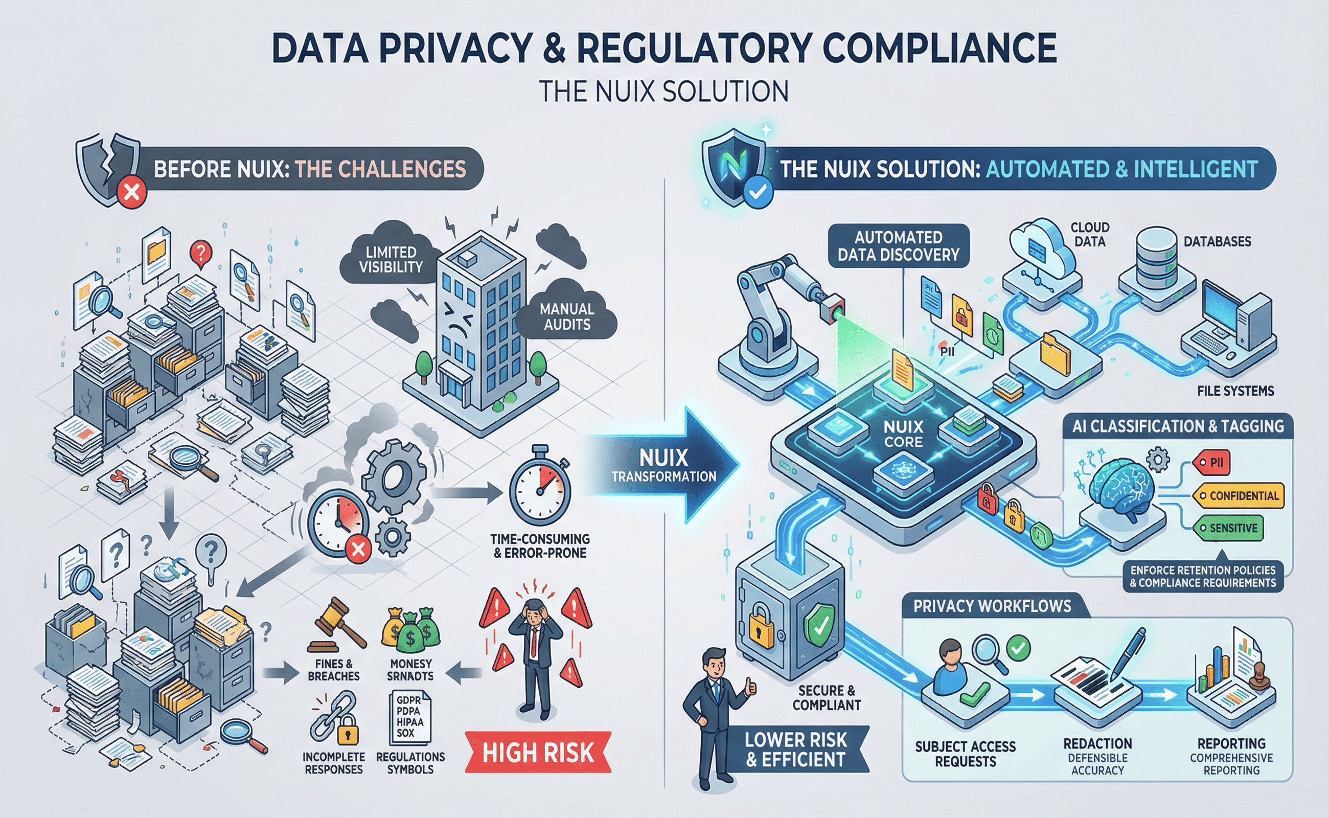 Infographic contrasting data privacy challenges before Nuix with Nuix's automated solution, showing manual audits, limited visibility, and high risks turning into automated data discovery, AI classification, privacy workflows, and lower risk and higher efficiency.