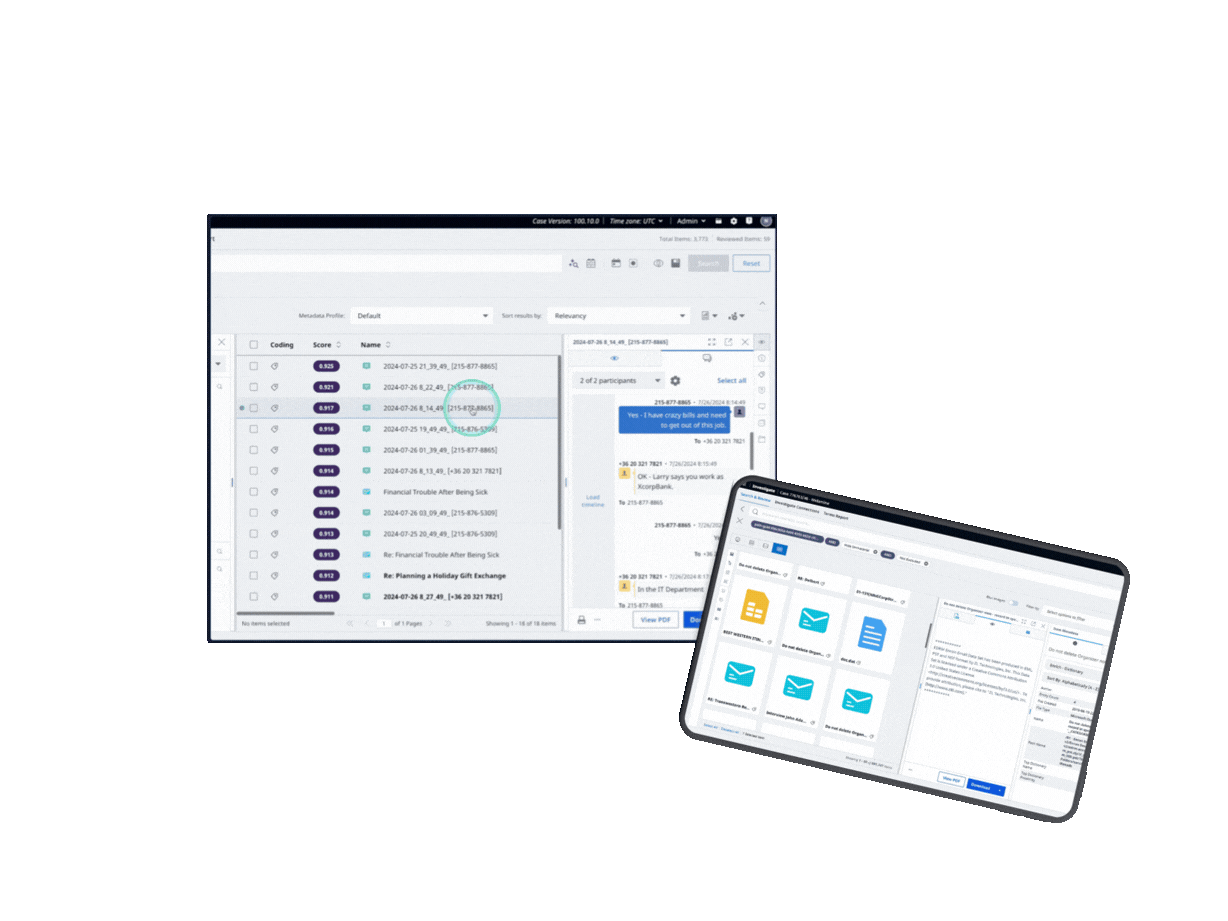 Two overlapping screenshots showing a digital case management interface with coded items, scores, message threads, and document icons on a dark background.