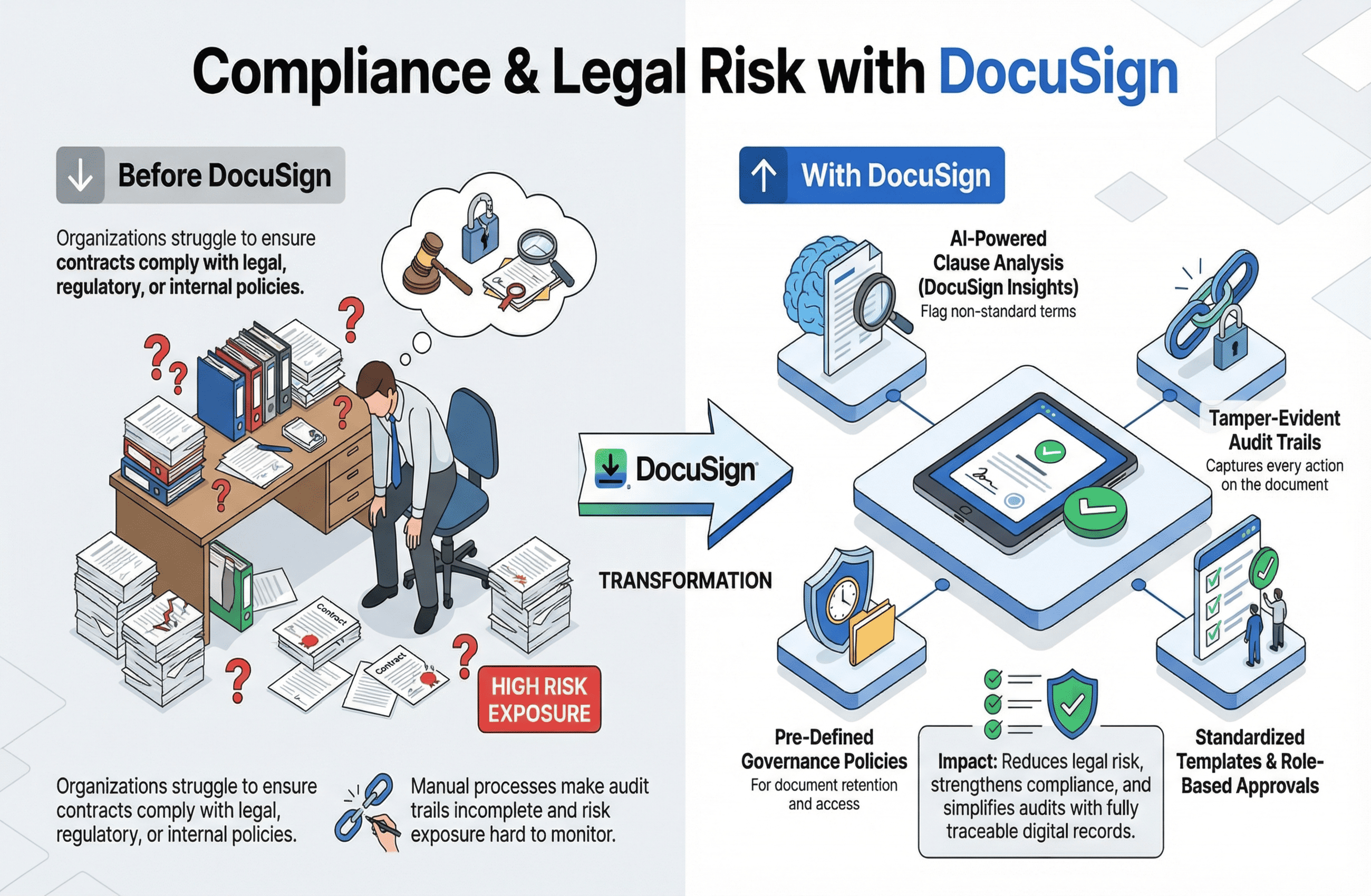 Infographic comparing investigations and fraud detection before Nuix showing unstructured data, multiple repositories, manual correlation, labor-intensive delays, increased risks, and suspicious activity hidden with the Nuix platform offering relationship mapping, AI-driven analytics, automated workflows revealing hidden links, anomaly detection, fraud identification, and faster case resolution.
