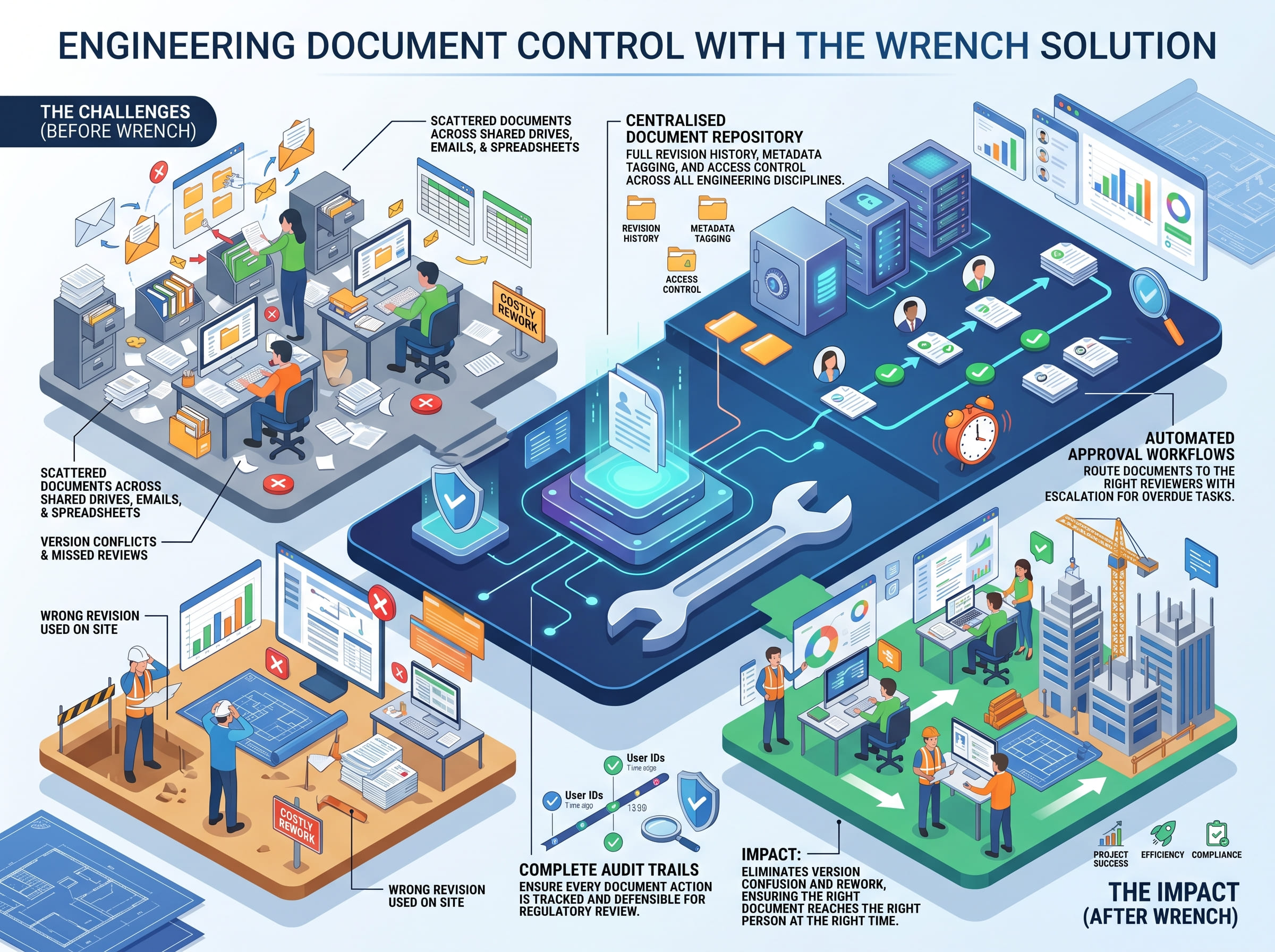 Infographic illustrating Legal eDiscovery and Litigation evolution from data chaos with manual, error-prone processes to a Nuix solution with AI-powered review, centralized platform, and secure audit trails, resulting in optimized, fast, and accurate legal outcomes.