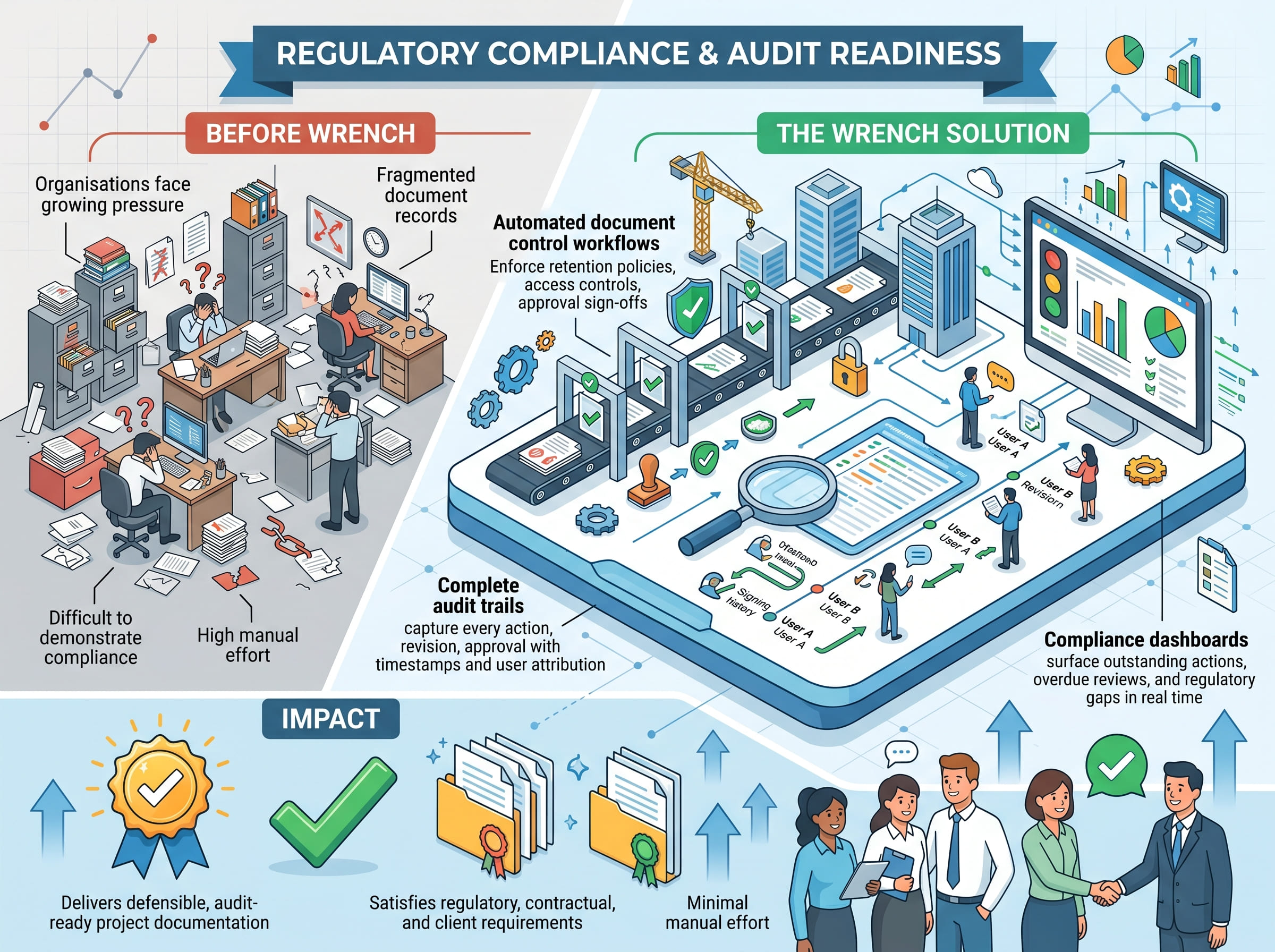 Infographic contrasting data privacy challenges before Nuix with Nuix's automated solution, showing manual audits, limited visibility, and high risks turning into automated data discovery, AI classification, privacy workflows, and lower risk and higher efficiency.