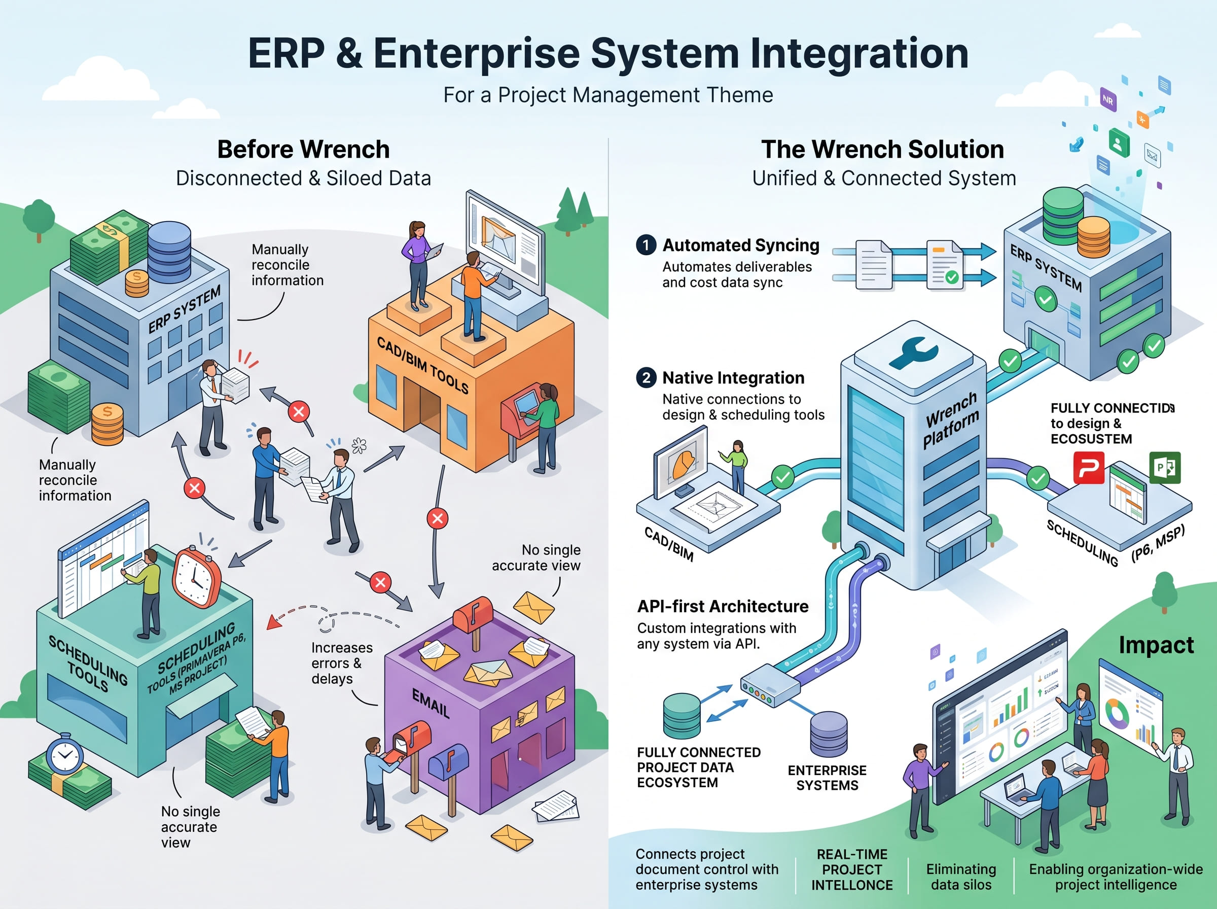 Comparison infographic showing enterprise intelligence before Nuix with disconnected departments, legacy systems, cloud platforms, and incomplete data causing delayed decisions, versus the Nuix solution with a unified platform enabling context-driven analytics, AI-powered insights, data-driven decision-making, and actionable decisions.