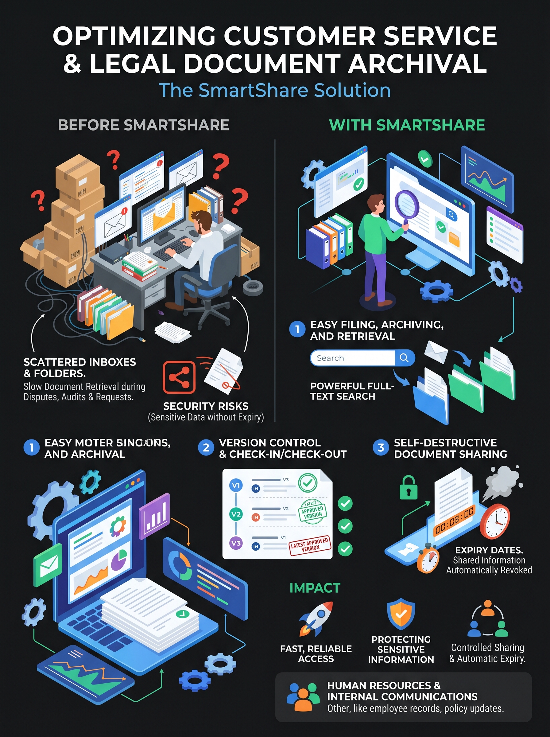 Infographic contrasting data privacy challenges before Nuix with Nuix's automated solution, showing manual audits, limited visibility, and high risks turning into automated data discovery, AI classification, privacy workflows, and lower risk and higher efficiency.