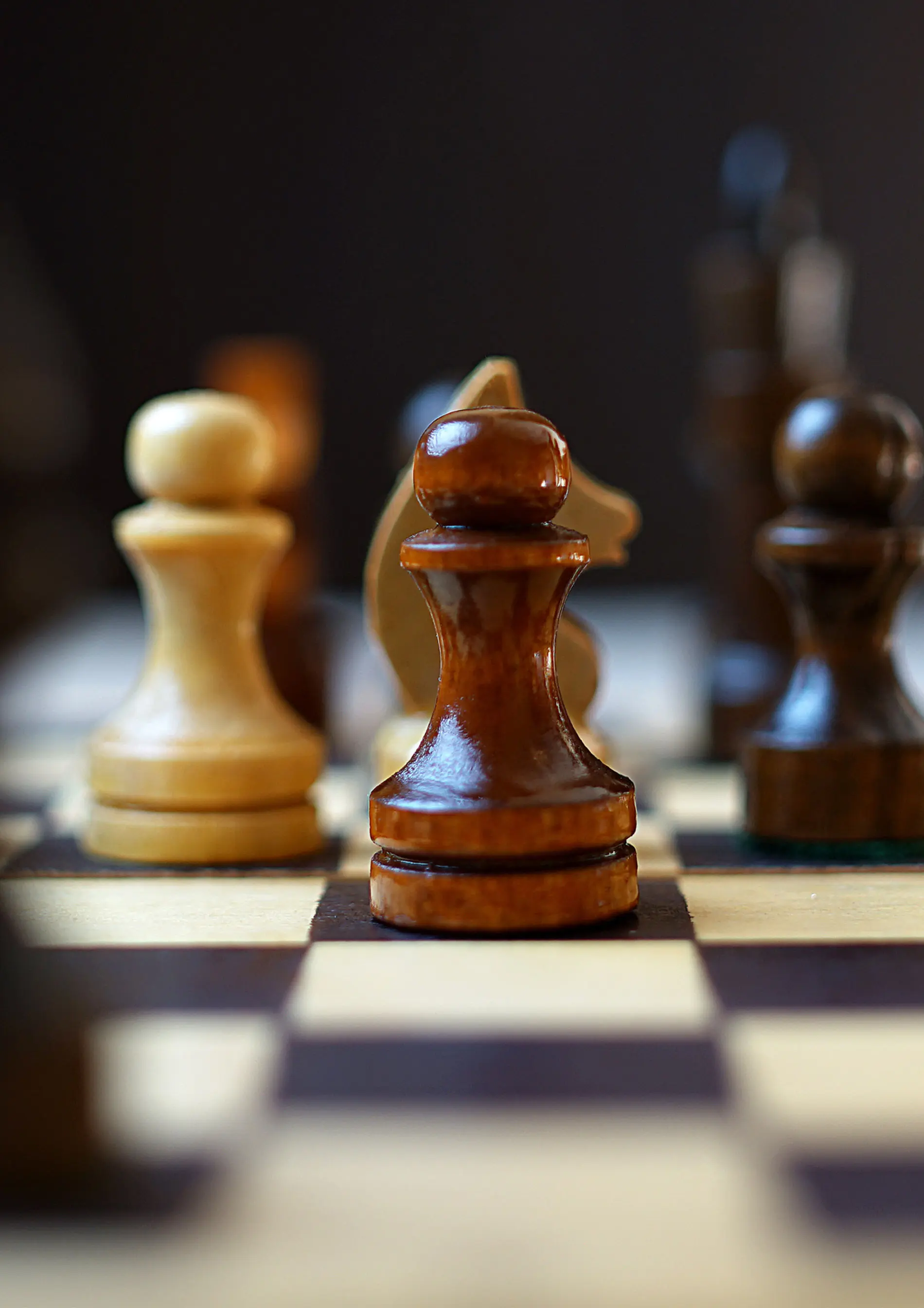 A close-up of various chess pieces arranged on a classic chessboard, showcasing their distinct shapes and colors.

