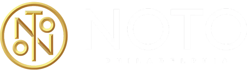 NOTO Philadelphia brand logo with stylized gold circle emblem and white text.